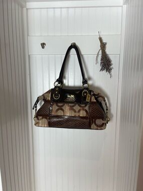 Coach Brown Signature Canvas Shoulder Satchel with Dark Brown Leather Trim